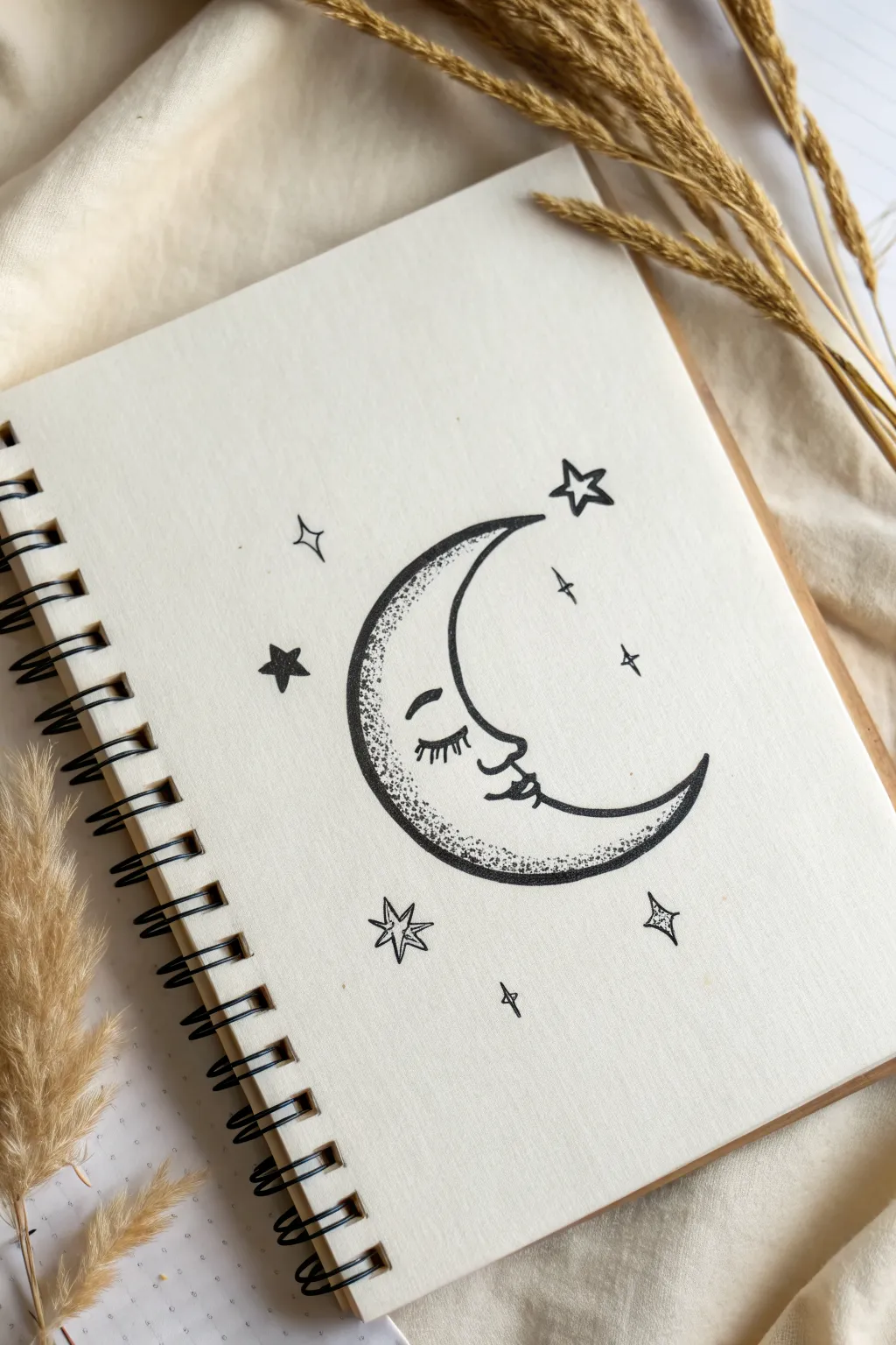 Draw a cozy crescent moon with sleepy eyes and tiny stars for an easy Halloween sketch.