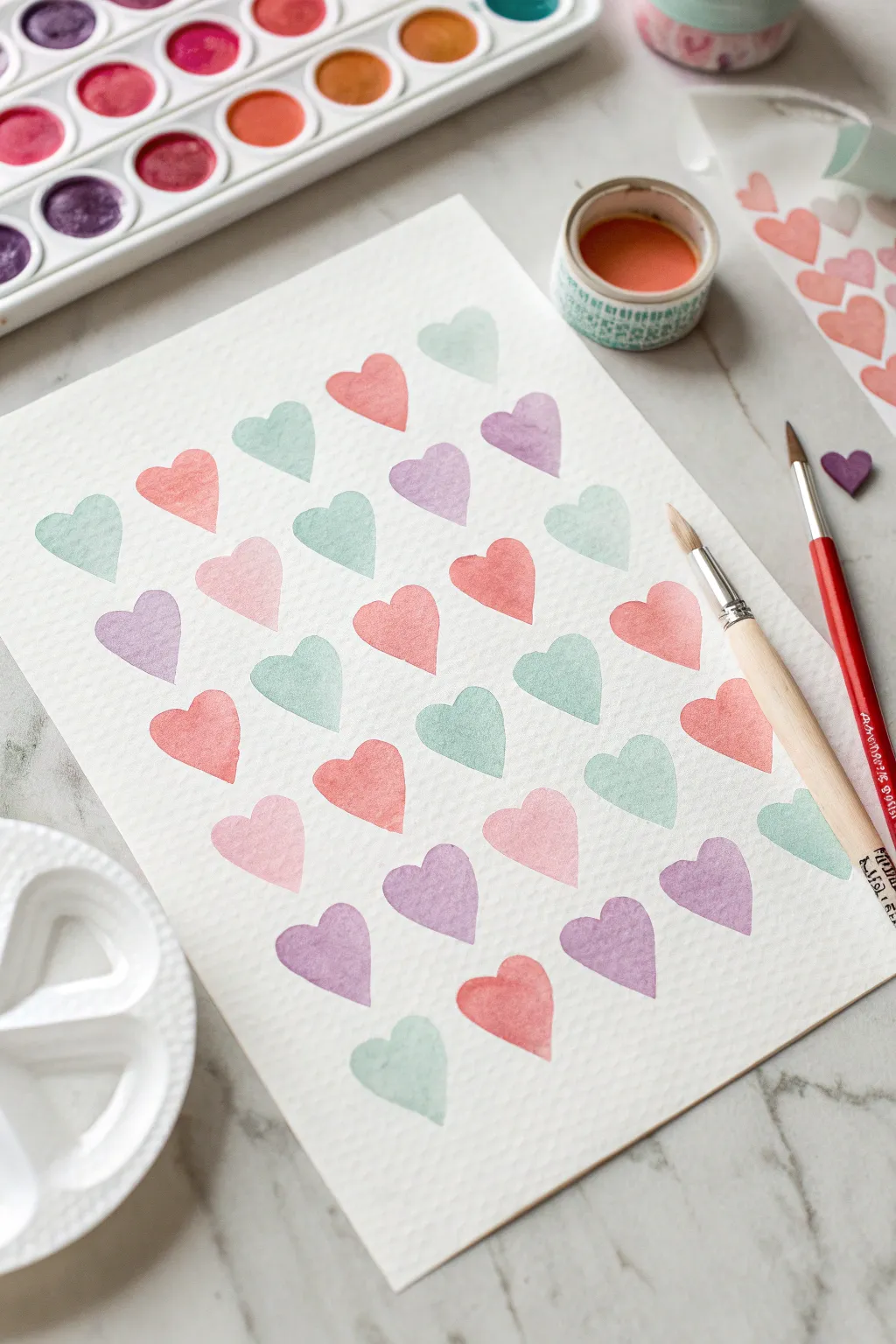 Peel-and-reveal geometric candy hearts with crisp tape lines, perfect for cute easy painting ideas.