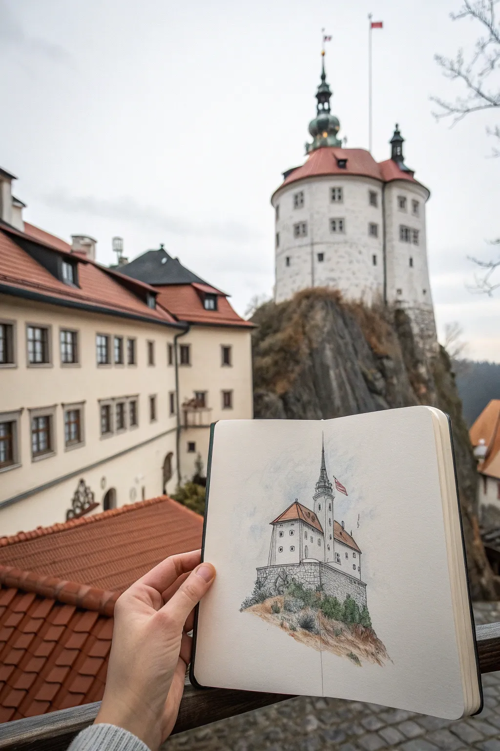 Draw a tiny floating castle island and practice perspective with soft atmospheric shading