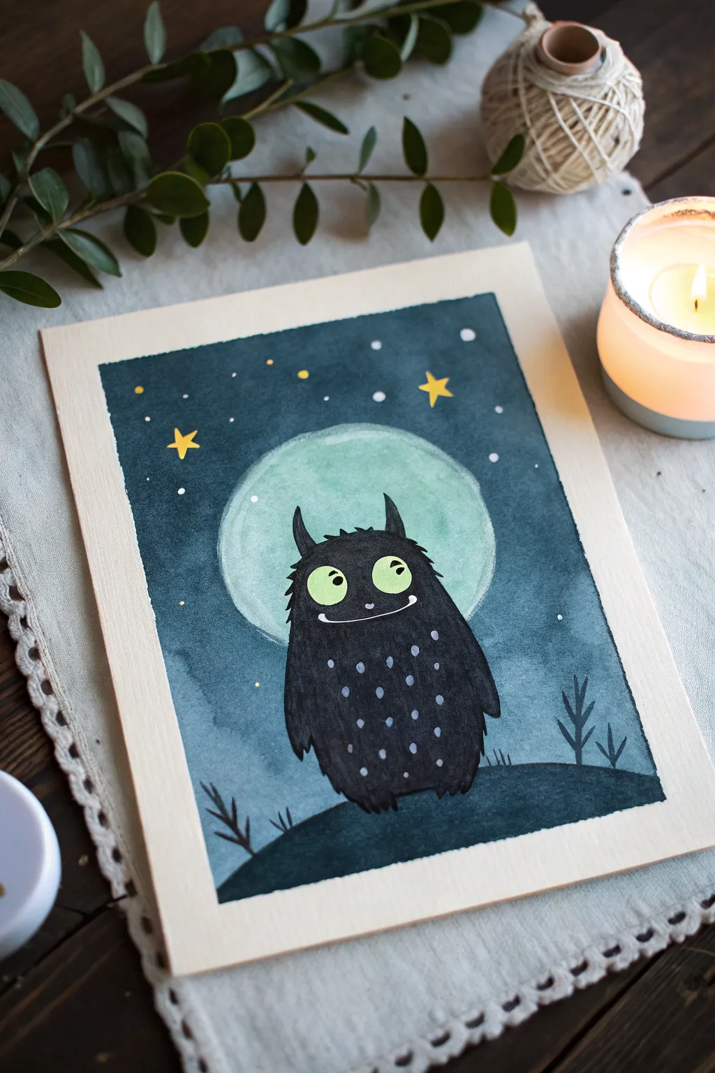 A friendly night monster silhouette with glowing eyes and spots for cozy spooky sketch inspiration