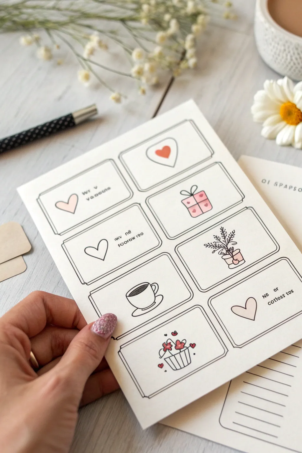 Minimal Mothers Day coupon doodles with tiny hugs, tea, and flower icons to copy.