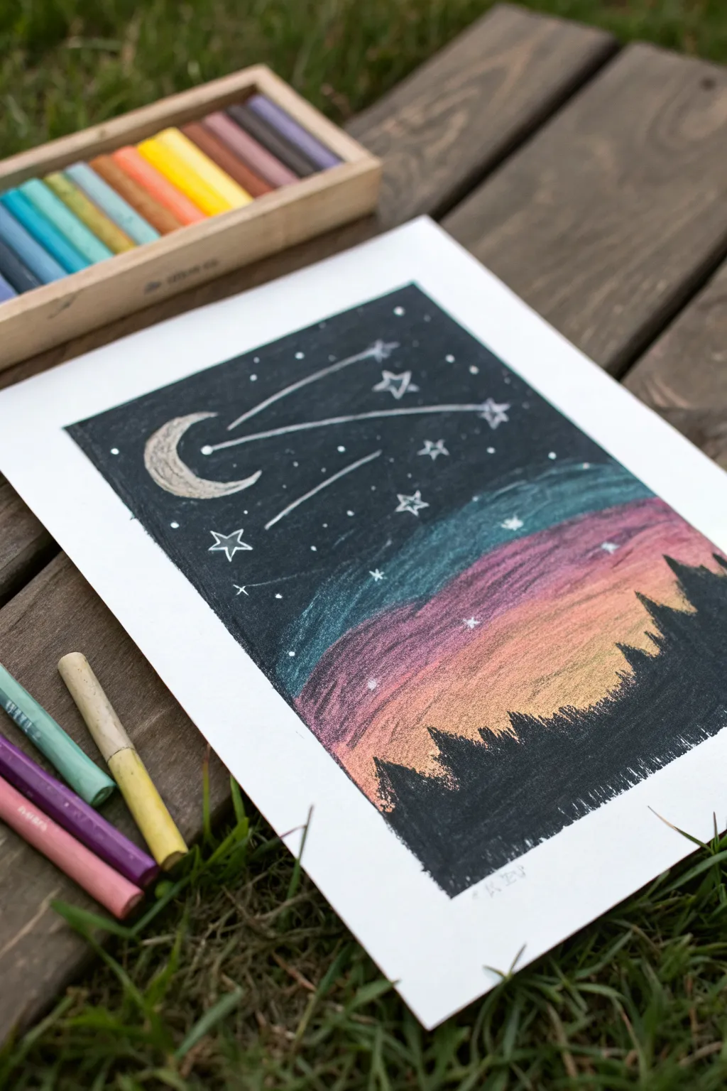 Scratch-art night sky: oil pastel layers scratched into twinkling stars and a crescent moon