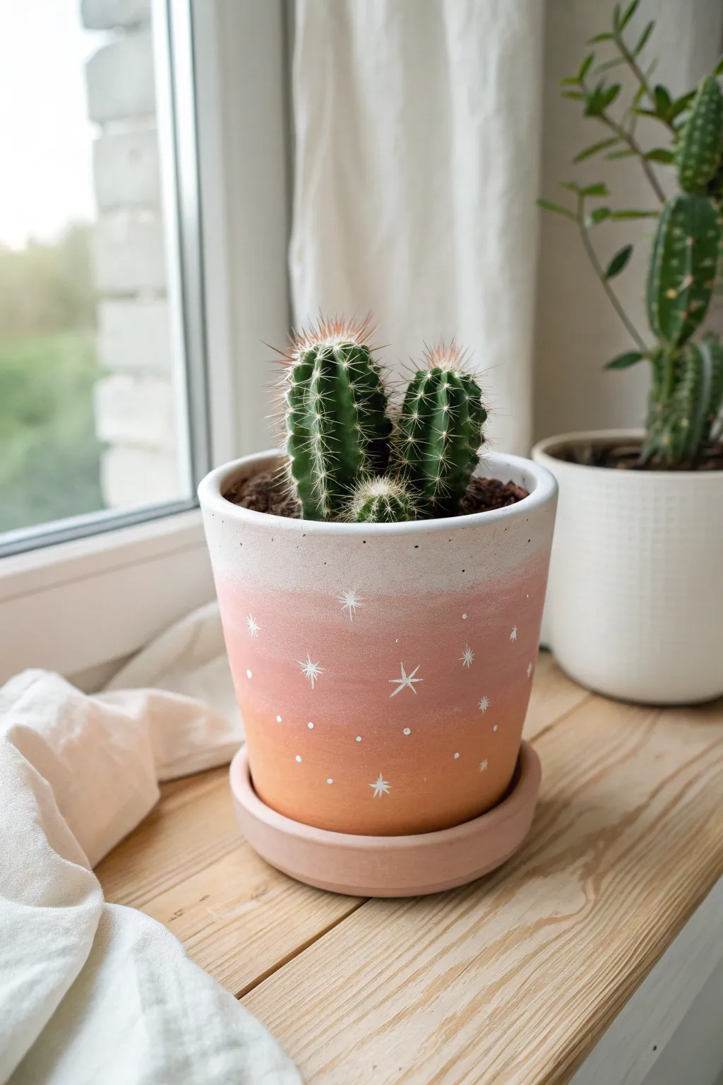 Pastel ombre pot with tiny star doodles, holding a spiky cactus for sweet contrast