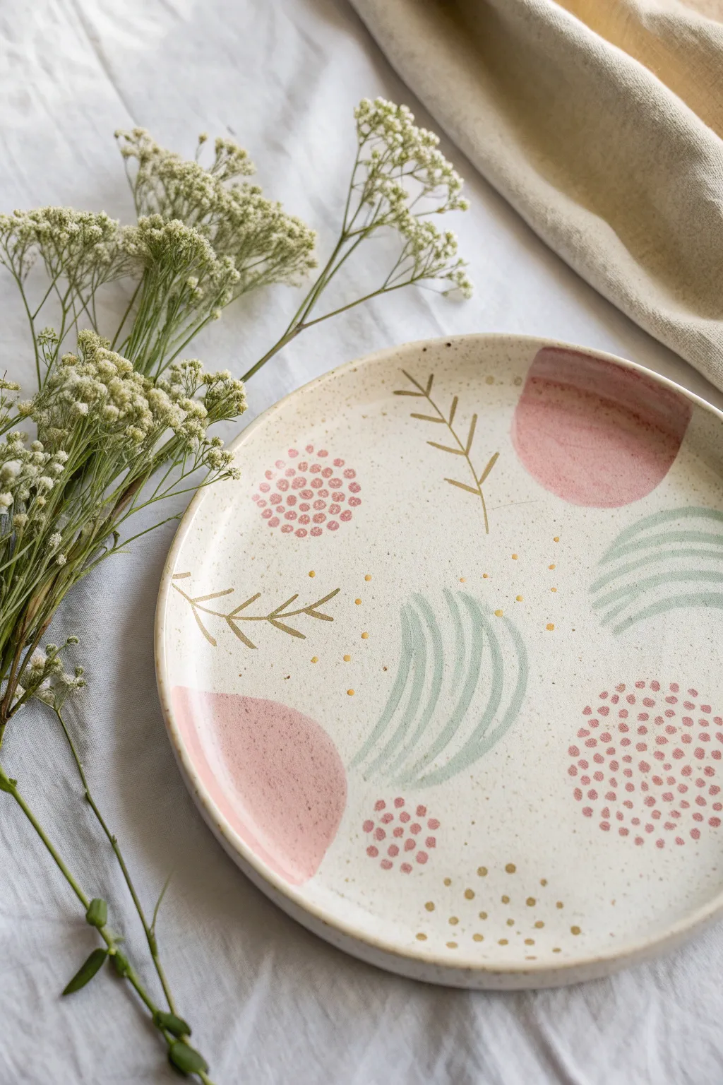 Soft pastel squiggles and tiny dots on a simple plate for an easy, cute pottery paint idea