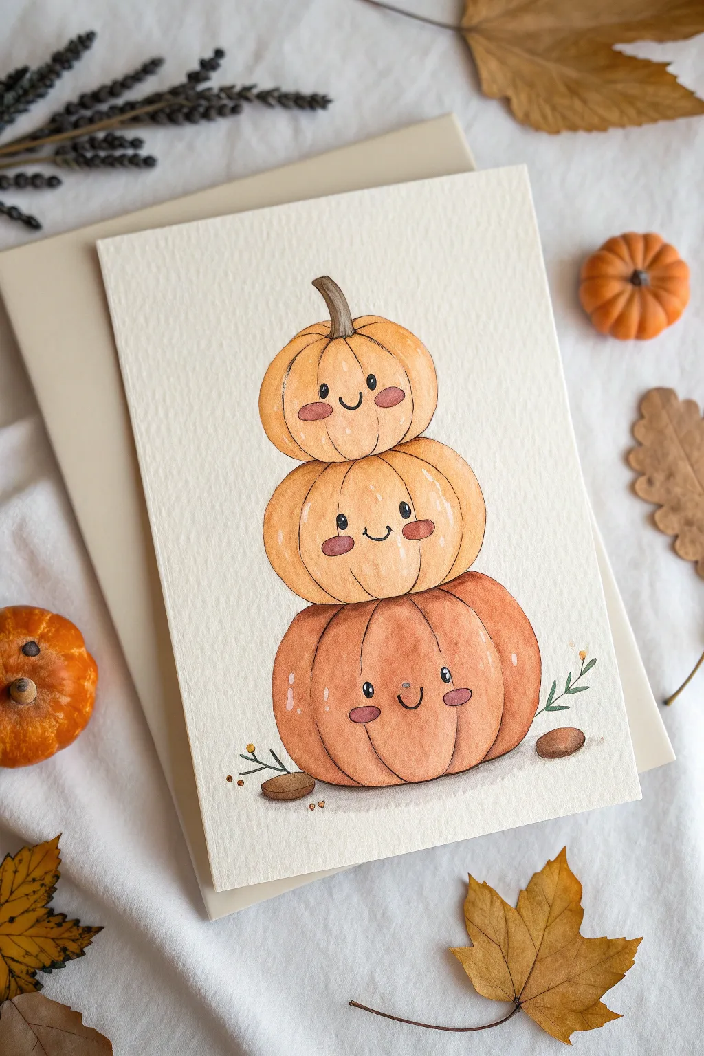 Adorable stacked pumpkin totem with cozy expressions, minimalist boho style and crisp contrast