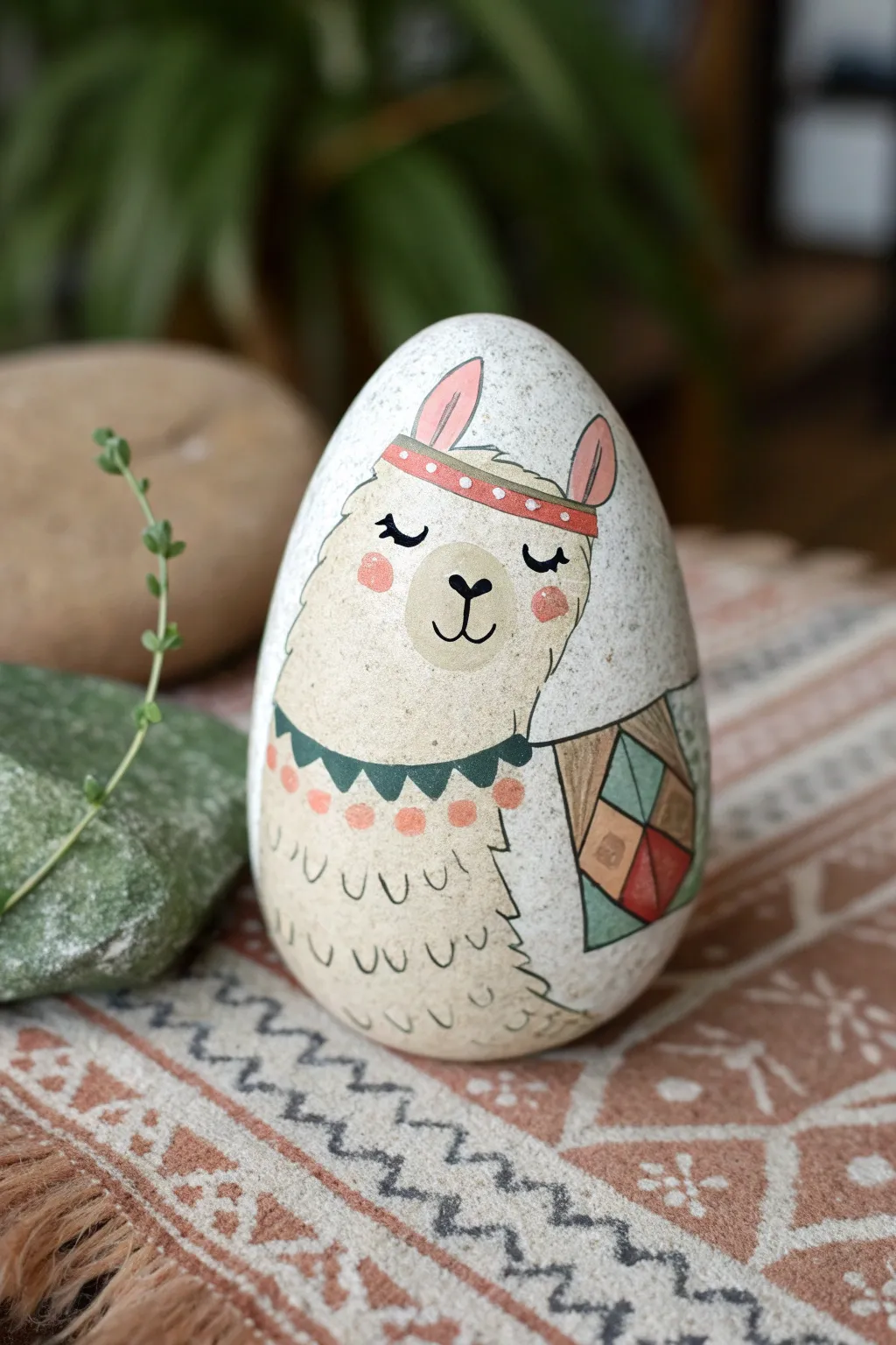Cute llama rock painting with fluffy forelock and minimalist boho blanket band