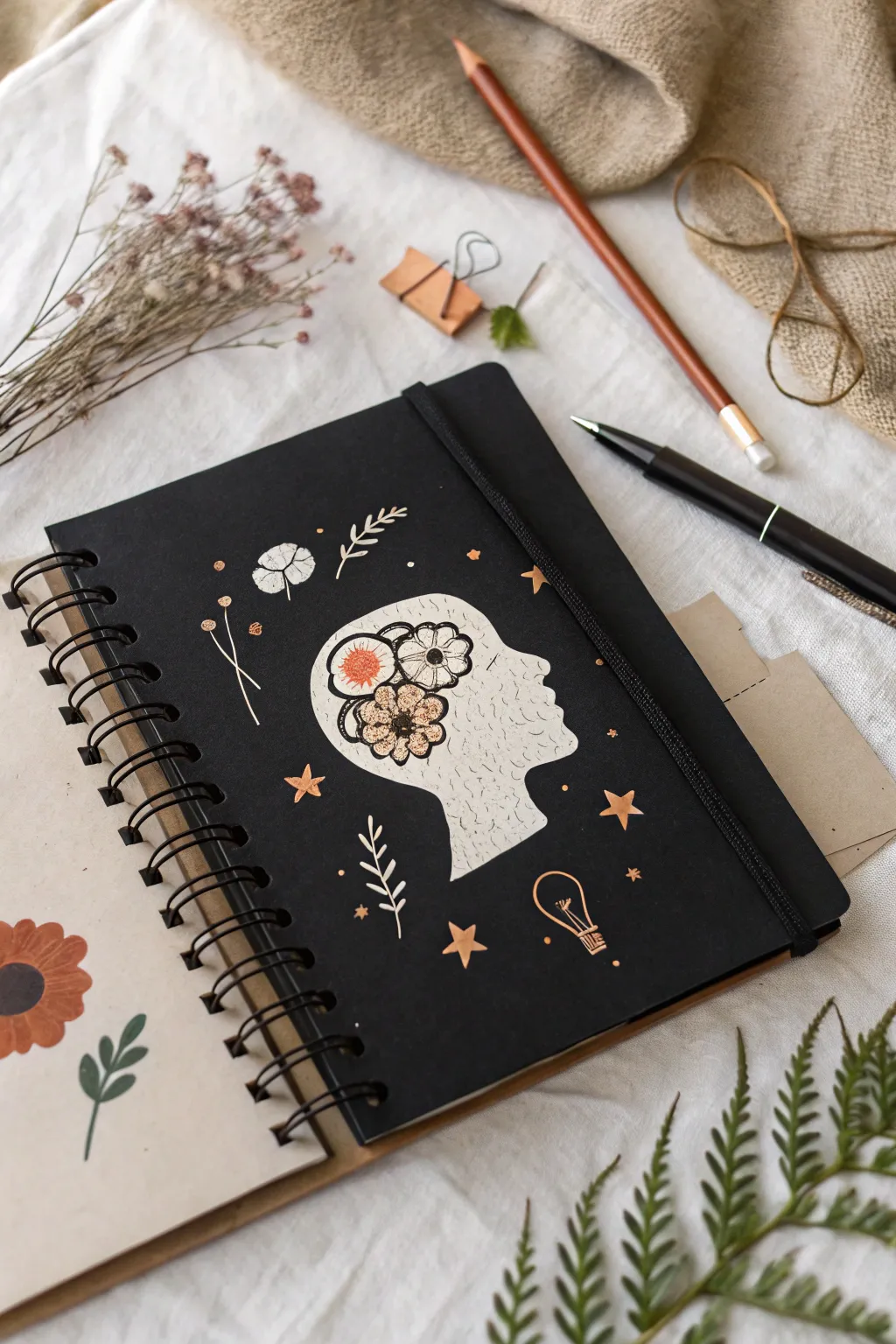 Minimalist boho sketchbook cover collage with open head silhouette and floating mini icons