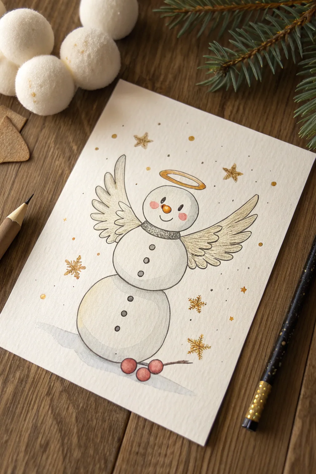 Angelic snowman sketch with soft wings and tiny sparkles for a cozy magical winter vibe