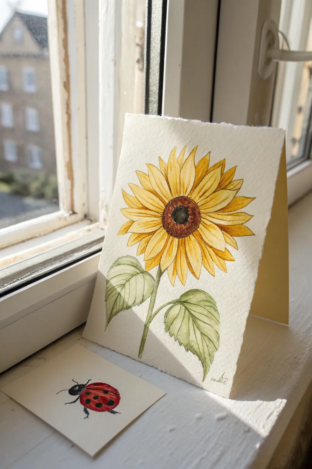 Easy sunflower painting idea: one bold bloom with a tiny ladybug detail for extra charm