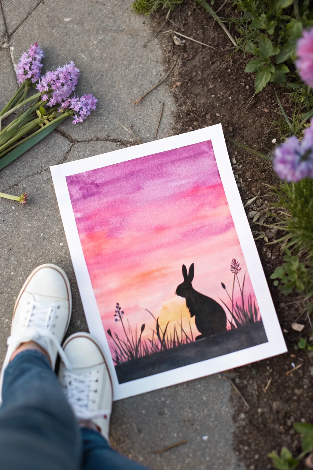Paint a cute bunny silhouette against a candy pink-purple sky for instant watercolor magic