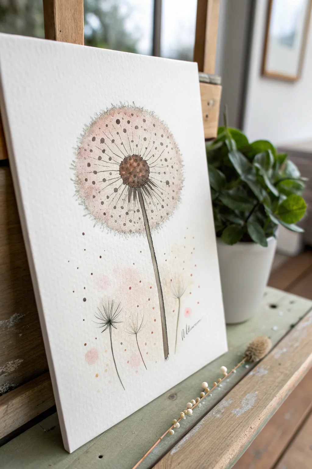 Abstract dandelion puffball in layered circles, Scandinavian minimalism with a soft boho touch