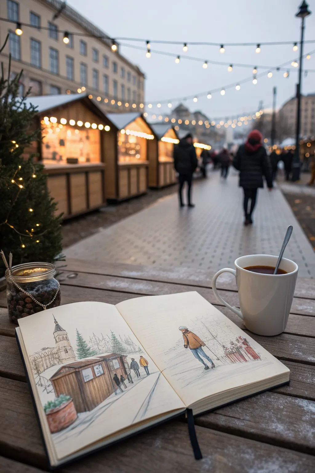 Cozy holiday market street sketch in a minimalist sketchbook flat lay, warm lights and steam.