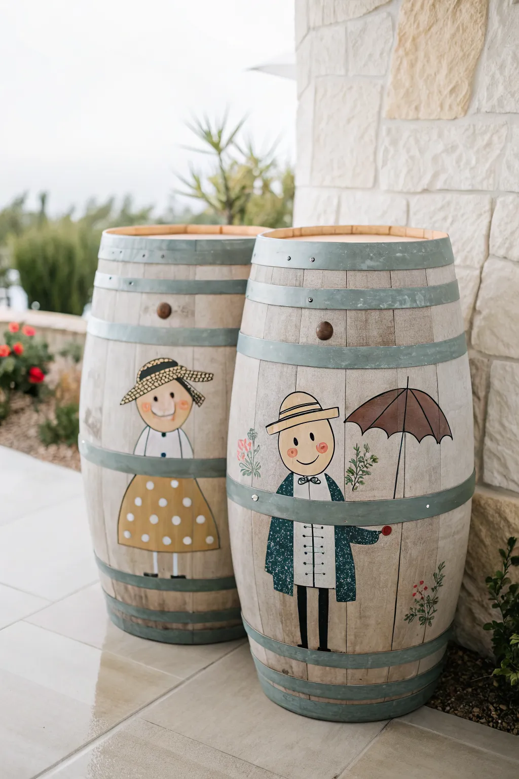 Two hand-painted barrels styled as a charming couple, minimal boho accents, clean garden backdrop