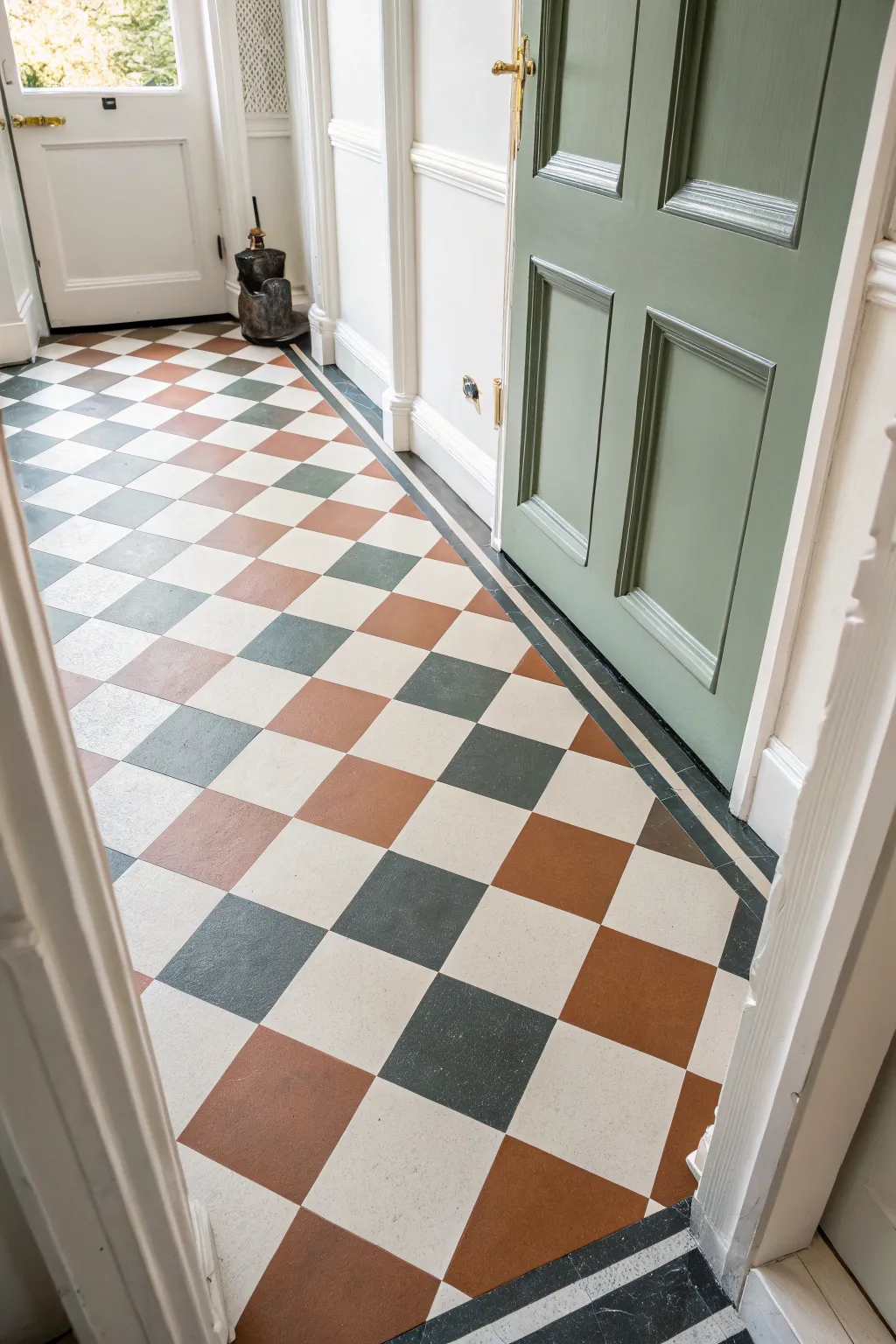 DIY checkered entryway floor in muted boho hues, crisp lines and cozy Scandinavian calm.