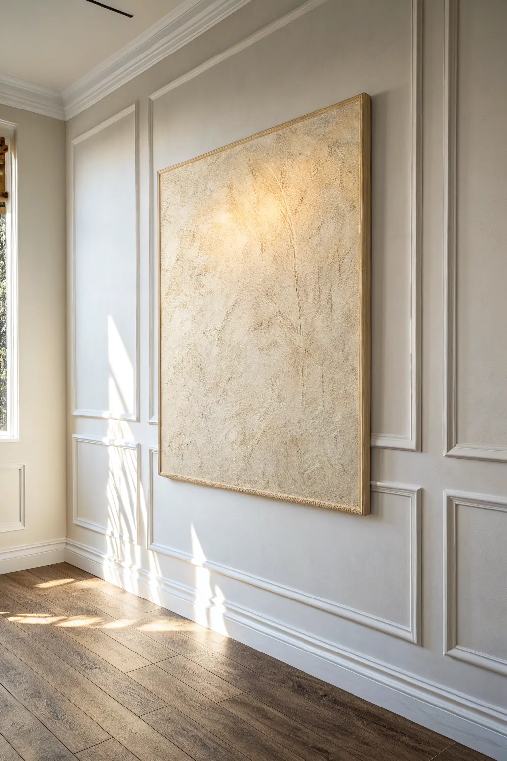 Silky faux plaster wall panel with a burnished glow, soft trowel movement, sunlit and serene.