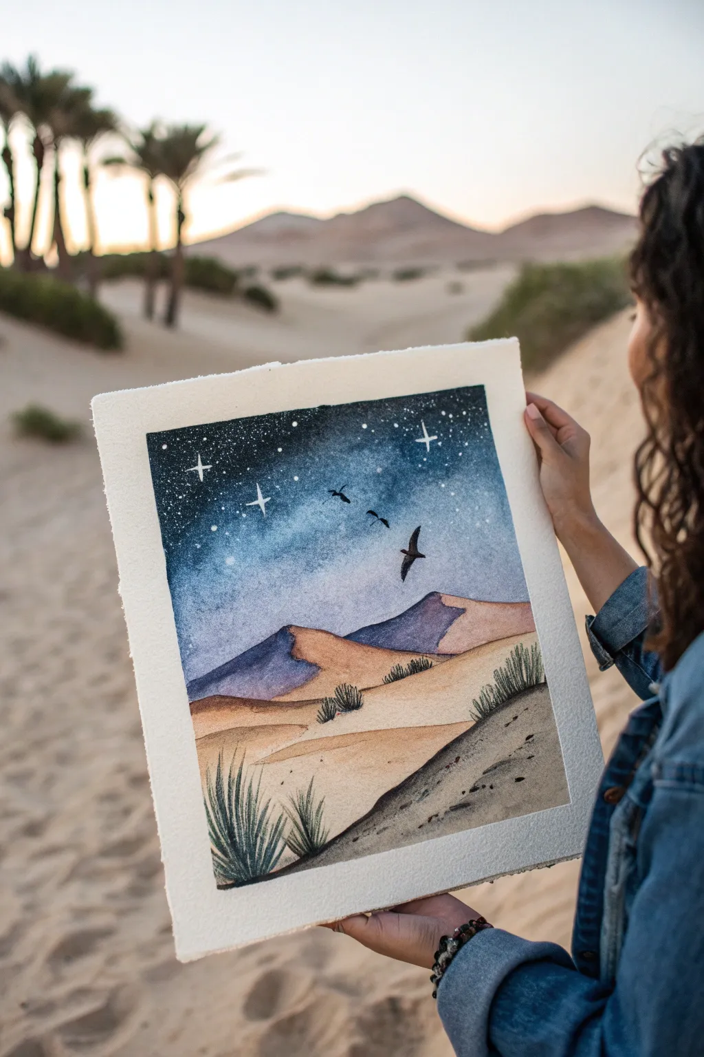 Night desert watercolor: starry sky, warm dunes, and tiny silhouetted wildlife in minimalist boho style.