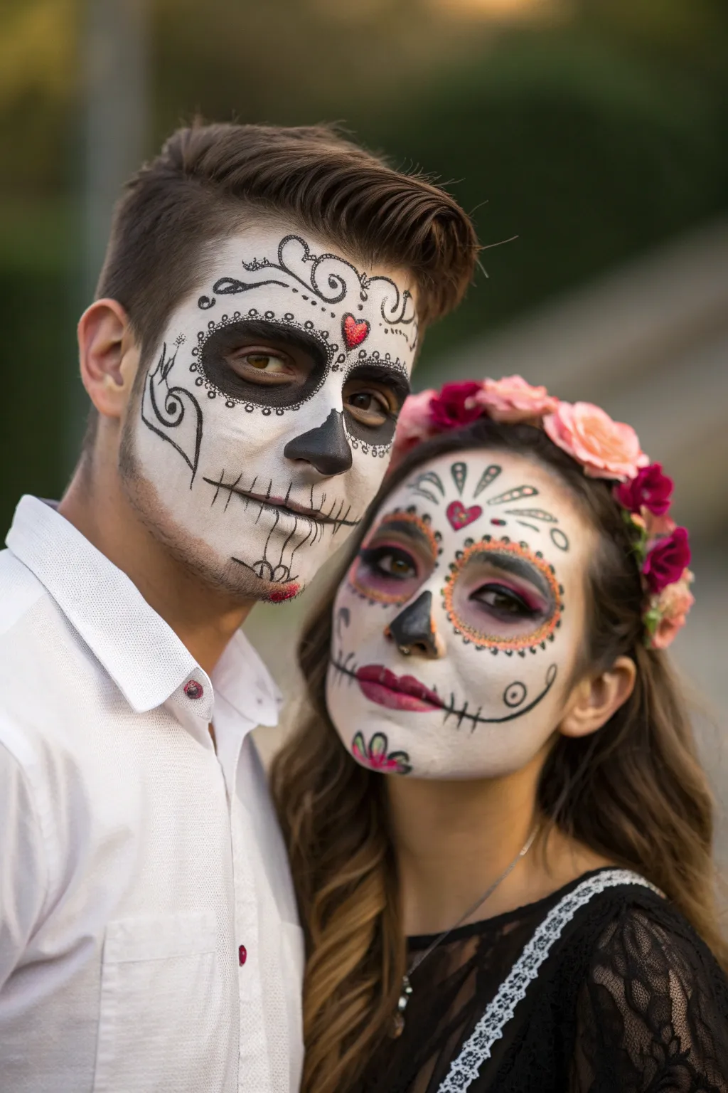 Couples calavera face paint: coordinated La Catrina and classic skull designs, minimal and chic