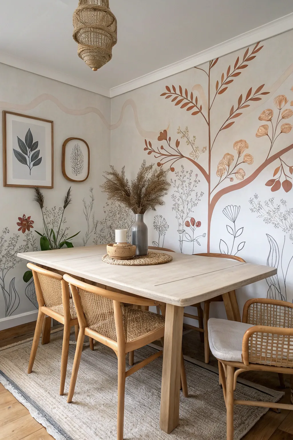 Corner-wrap mural frames the dining table, wrapping both walls in soft boho minimalism.