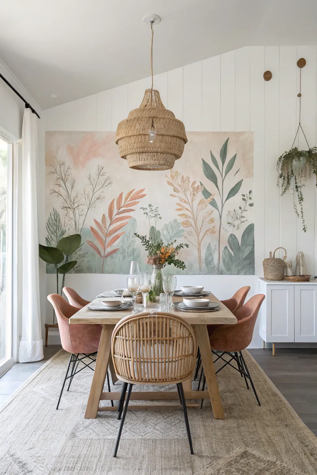 Make your dining room shine with a hand-painted mural that becomes the serene focal wall