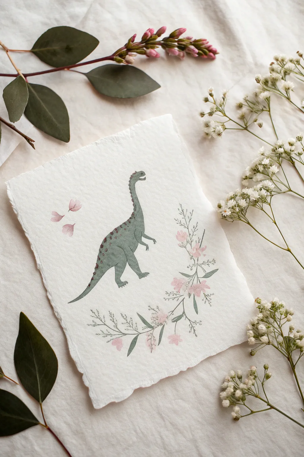 Surreal floral dinosaur silhouette in minimalist watercolor, perfect for dreamy drawing inspiration