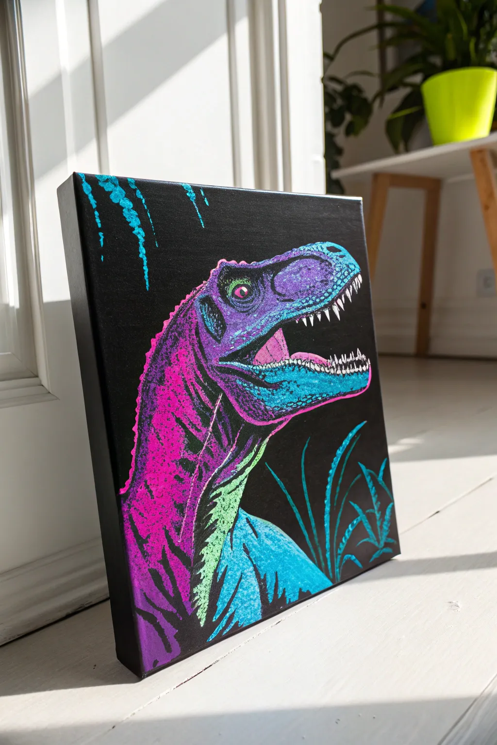 Neon pop art dinosaur on a bold contrasting background, perfect for vibrant dino painting inspiration.