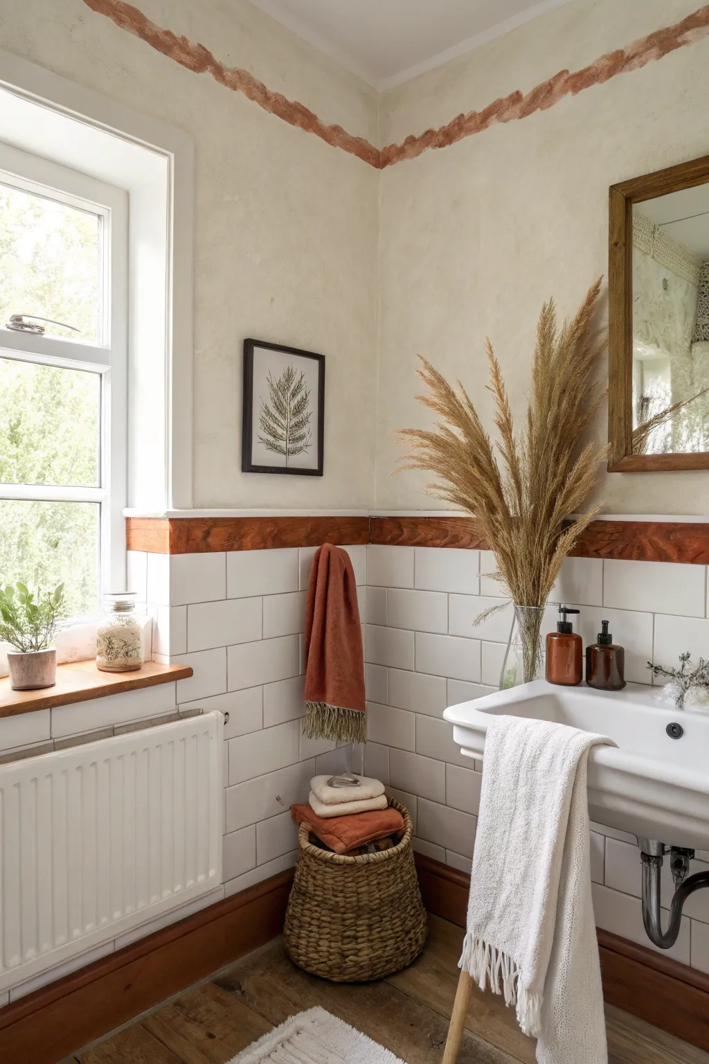Painterly brushstroke border adds handmade warmth to a minimalist bathroom in minutes.