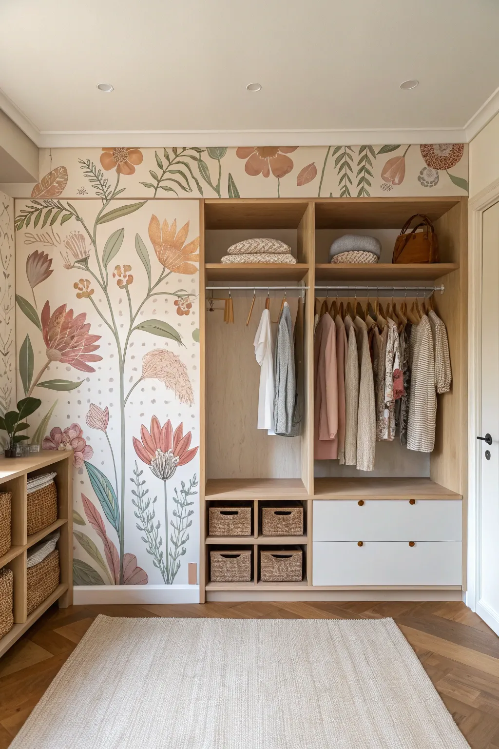 A tiny hand-painted closet mural adds calm boho charm behind neatly styled shelves.