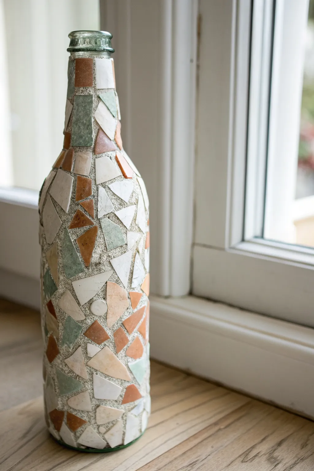 Mosaic bottle statement piece with shimmering tiles and visible grout, perfect for a chic DIY decor moment