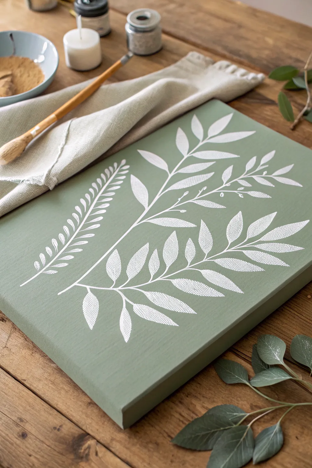 Minimal negative space leaf stencil canvas idea with real greenery for soft boho inspiration