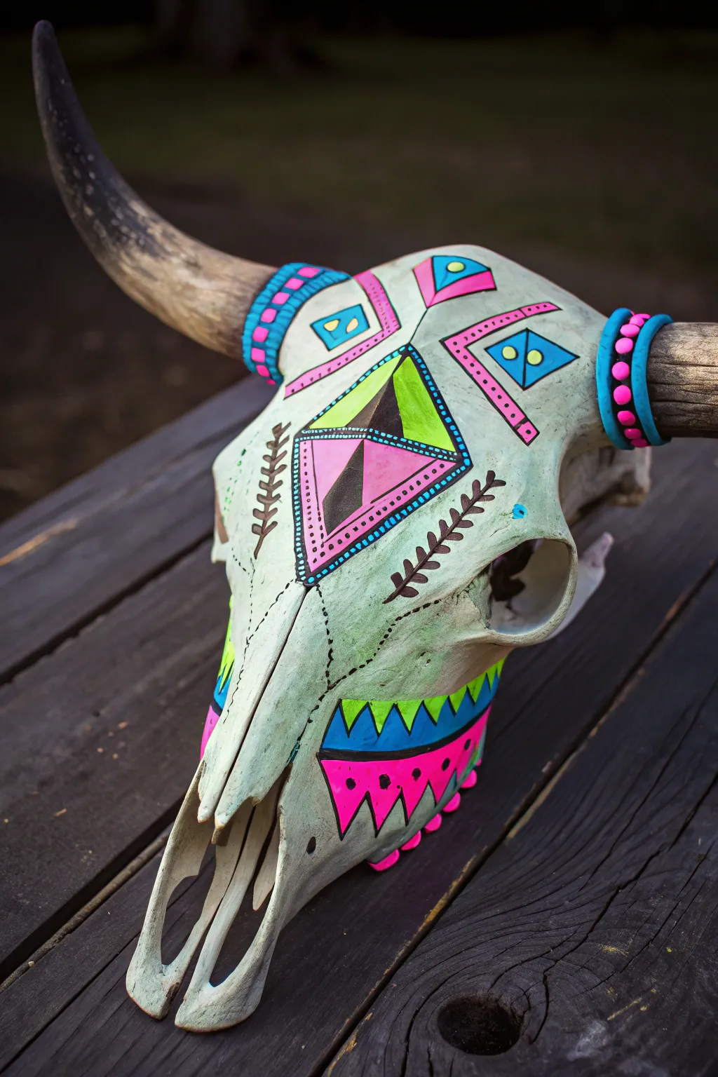 UV-reactive neon cow skull in hot pink, lime, and cyan glowing against a dark backdrop