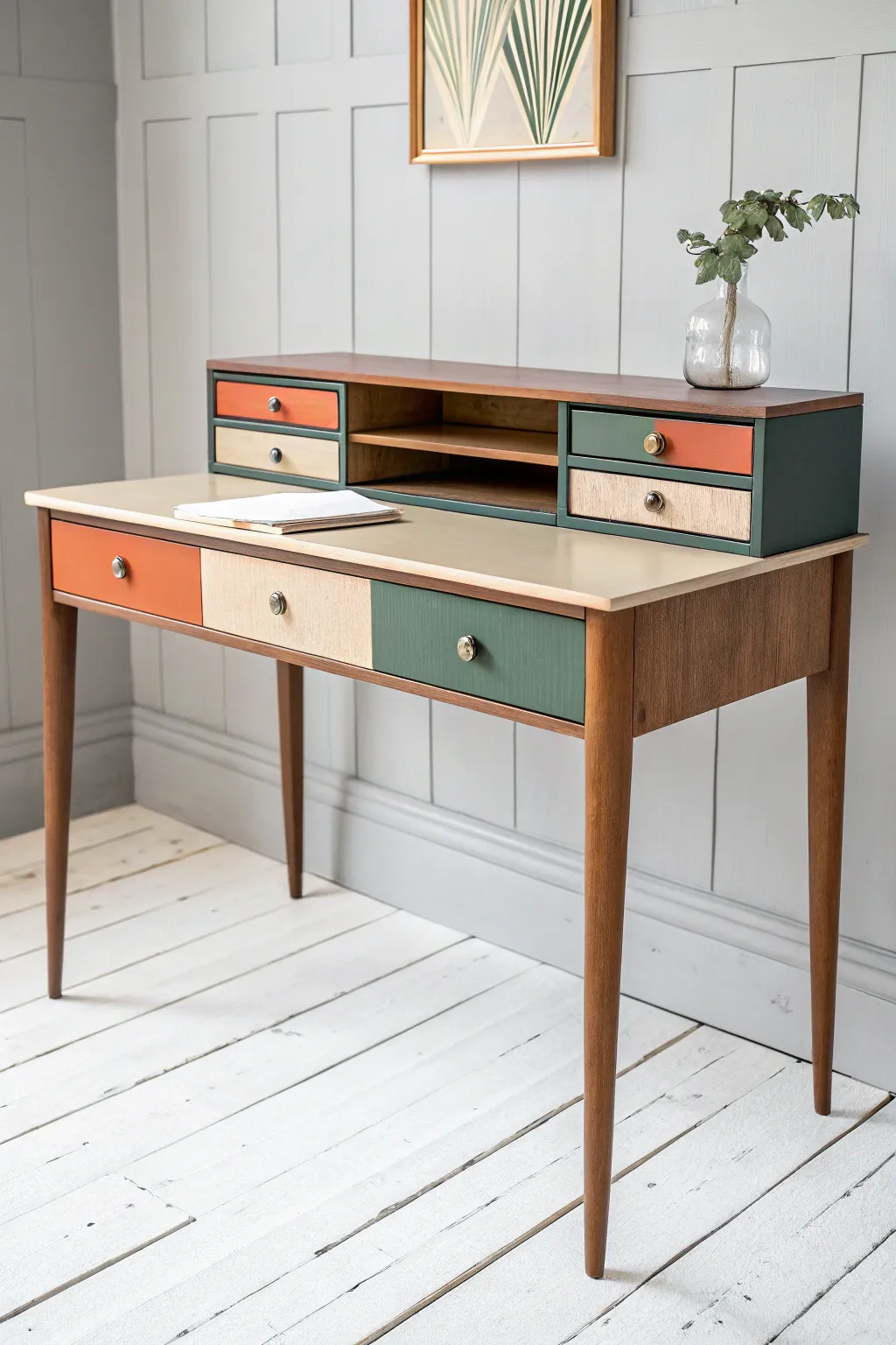 Color blocked desk makeover with unexpected panels and razor sharp lines, minimalist boho style.