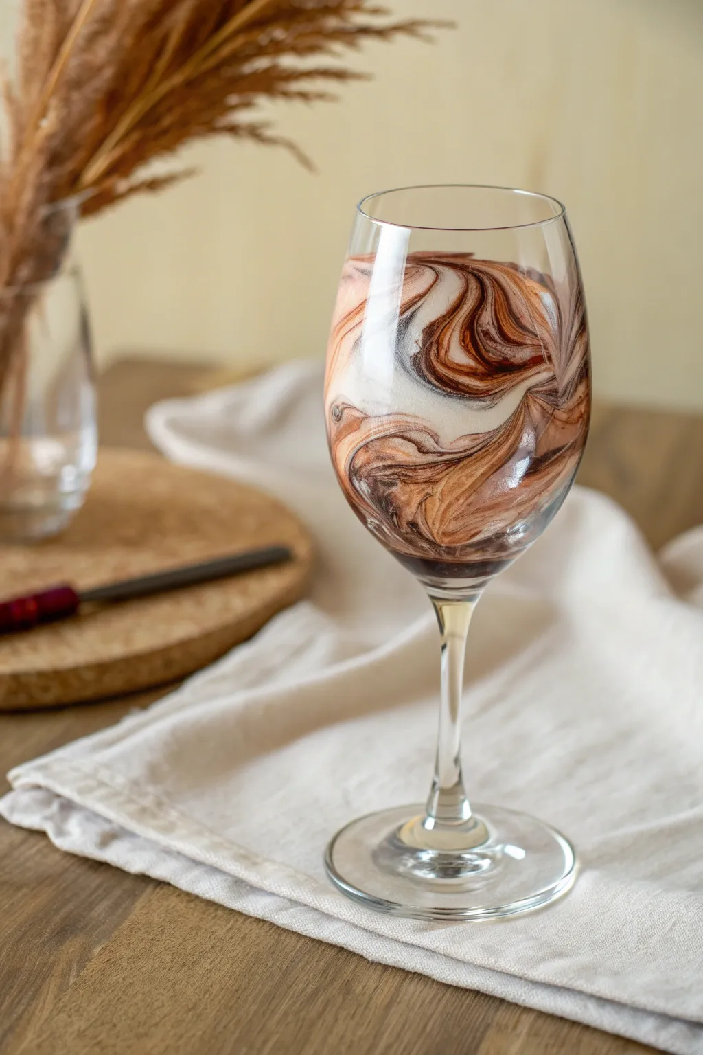 Marbled swirl wine glass DIY inspo with soft boho tones and clean minimalist styling