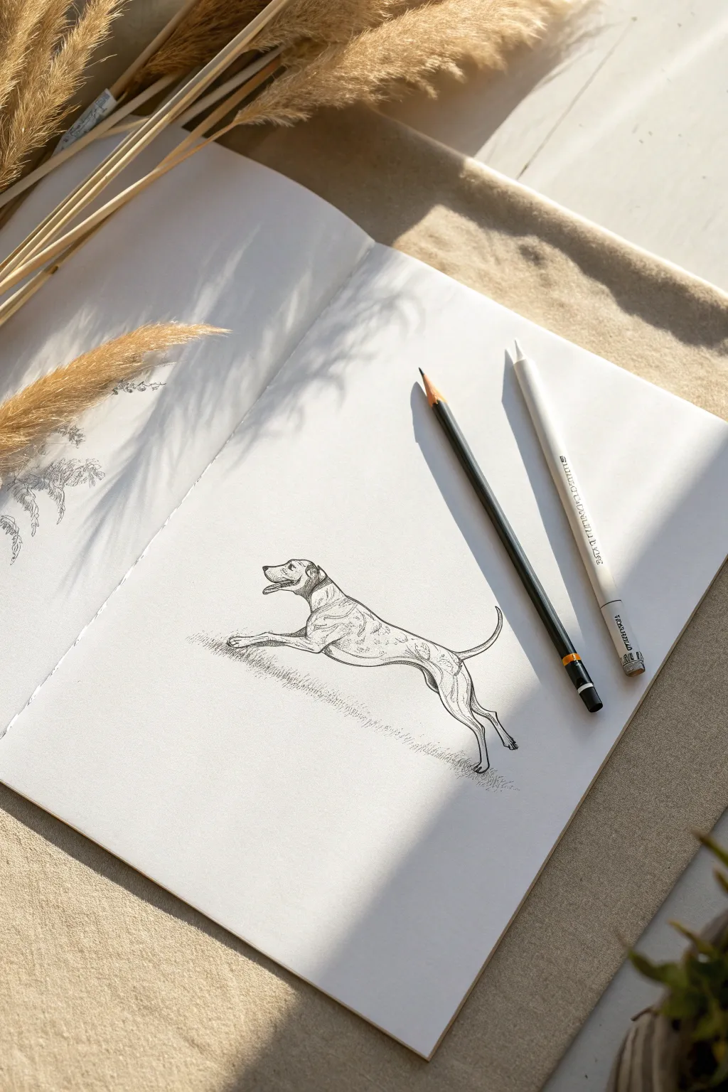 Sketch a mid-leap pup with sweeping curves and motion lines for energetic dog drawing ideas