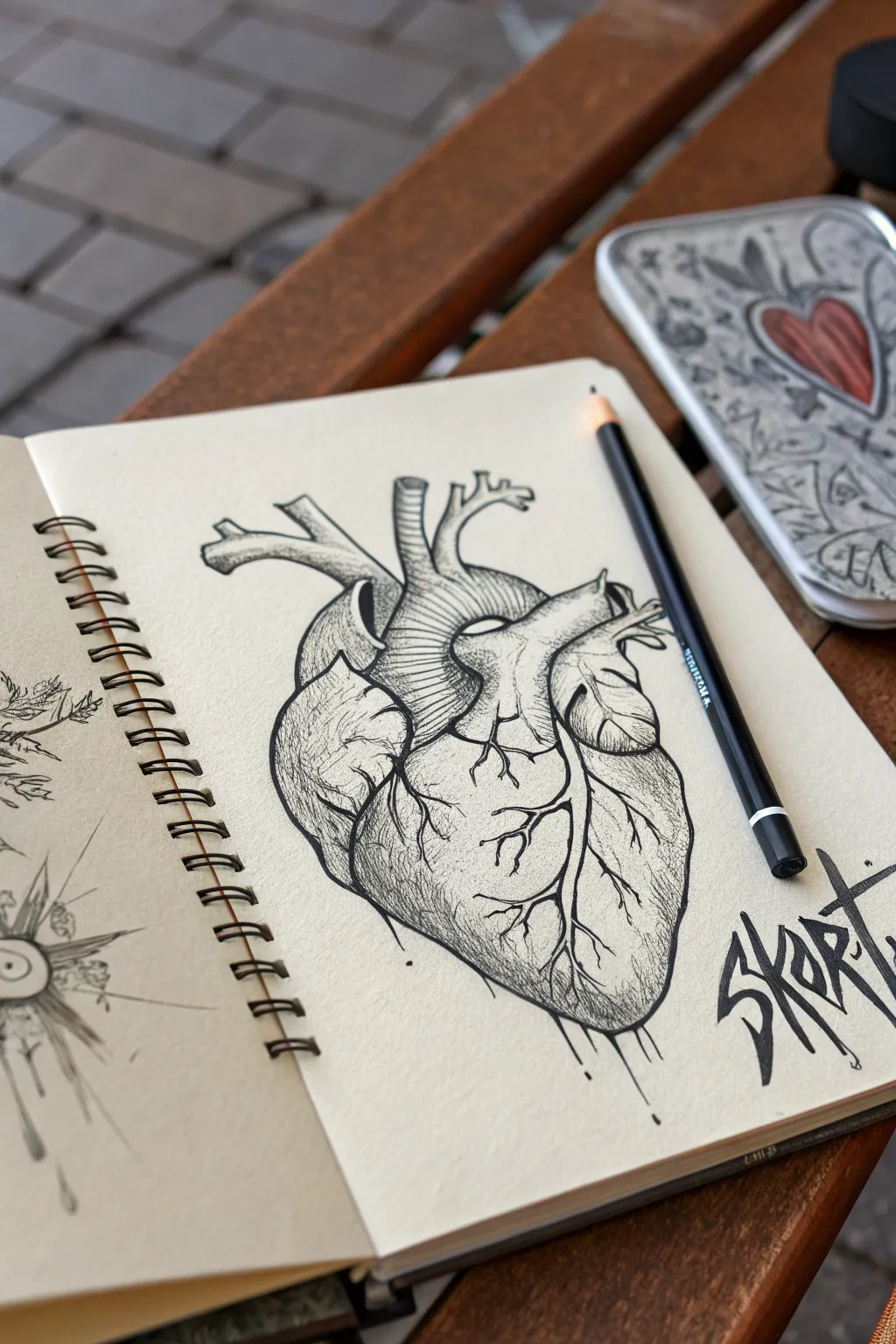 Anatomical heart with bold shading and abstract tag-style doodles for a dope drawing idea