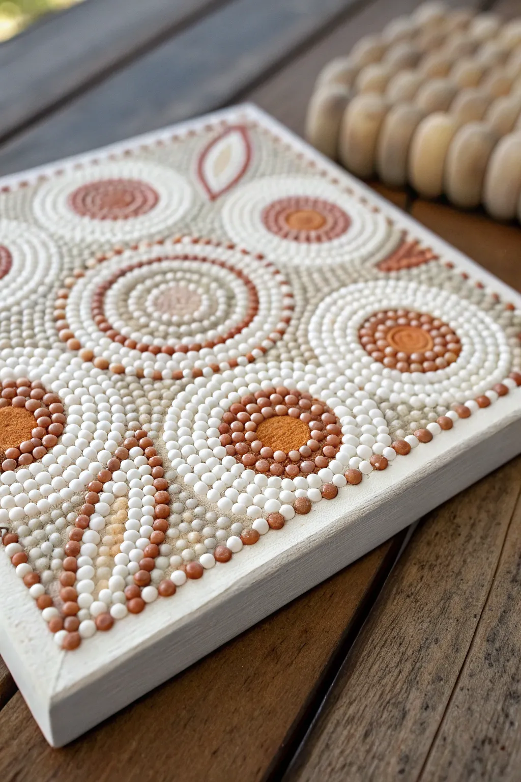 Raking light reveals the sculptural beauty of raised dots for an elegant 3D dot painting.