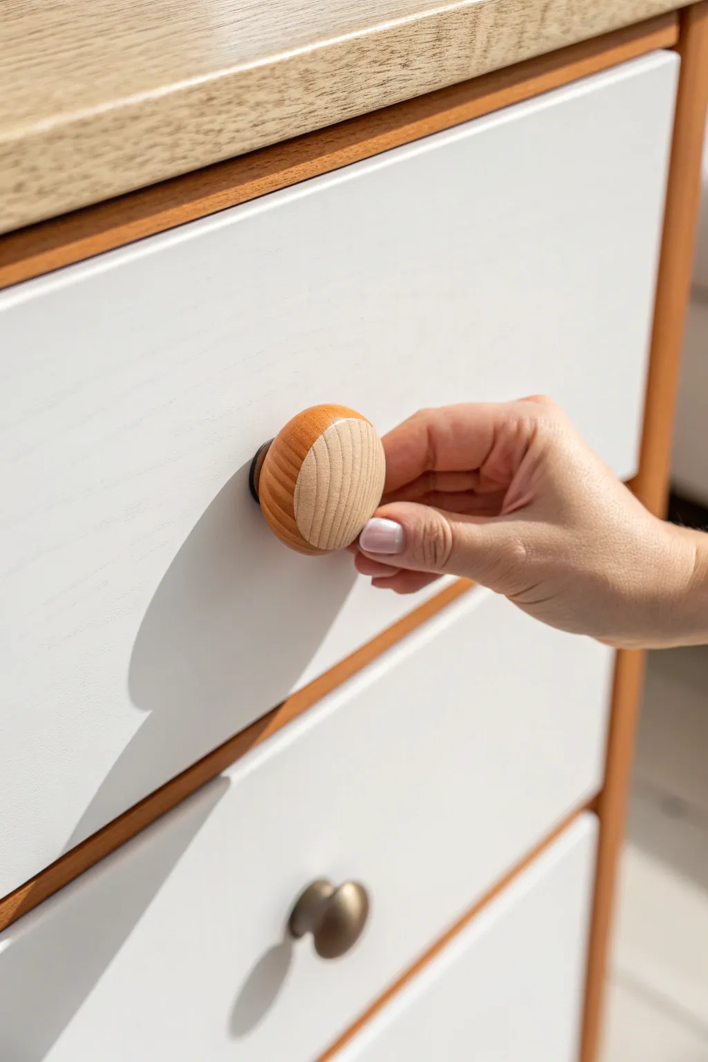 Tiny pop of color on a painted knob and drawer edge makes a minimalist dresser feel custom.