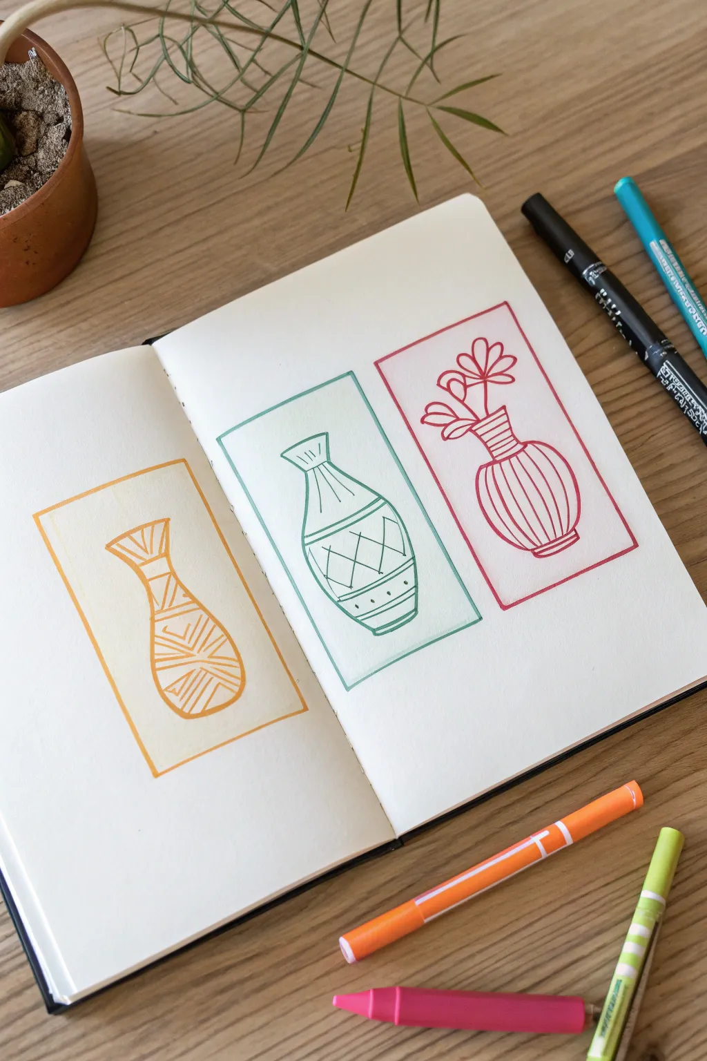 One outline, three palettes: pastel, neon, and earthy color remixes for drawing and coloring ideas