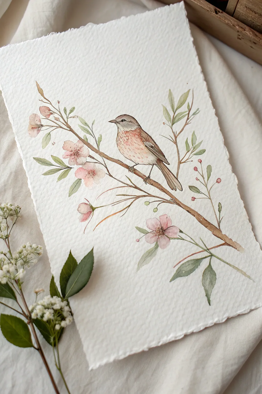 Minimal bird and blossom drawing idea with calm spring vibes and clean Scandinavian lines.