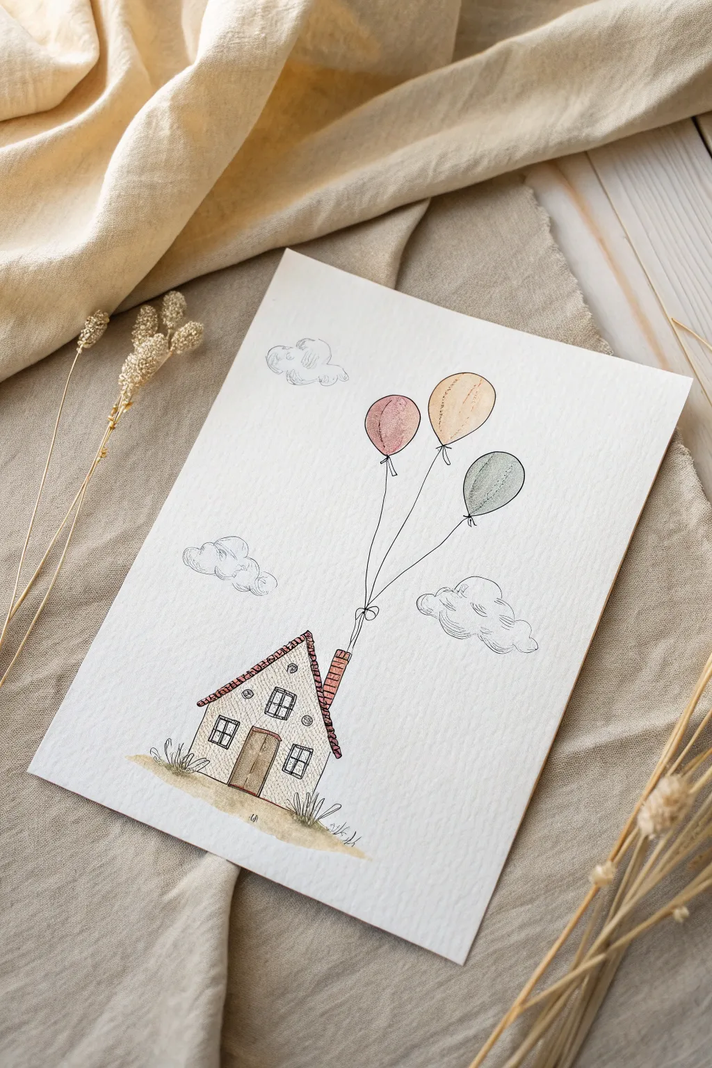 Easy mini scene idea: a tiny house floating with balloons, clean lines and soft boho tones.