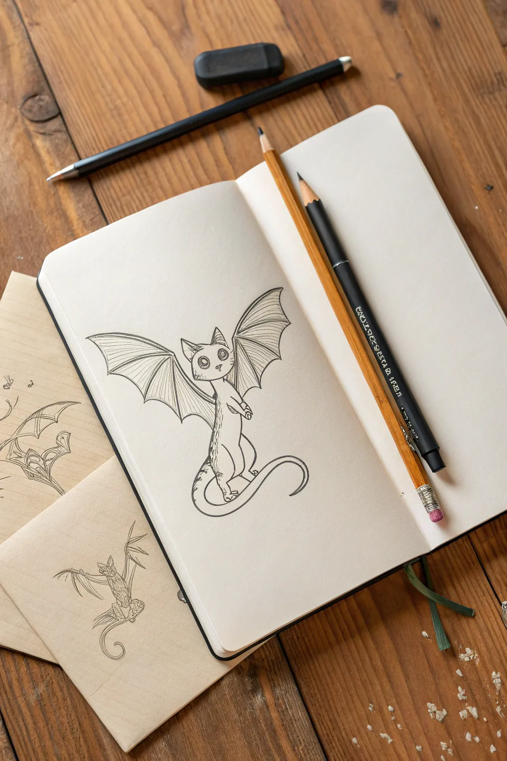 Minimalist creature concept sketch: cat body, tiny wings, subtle scales, and head variations