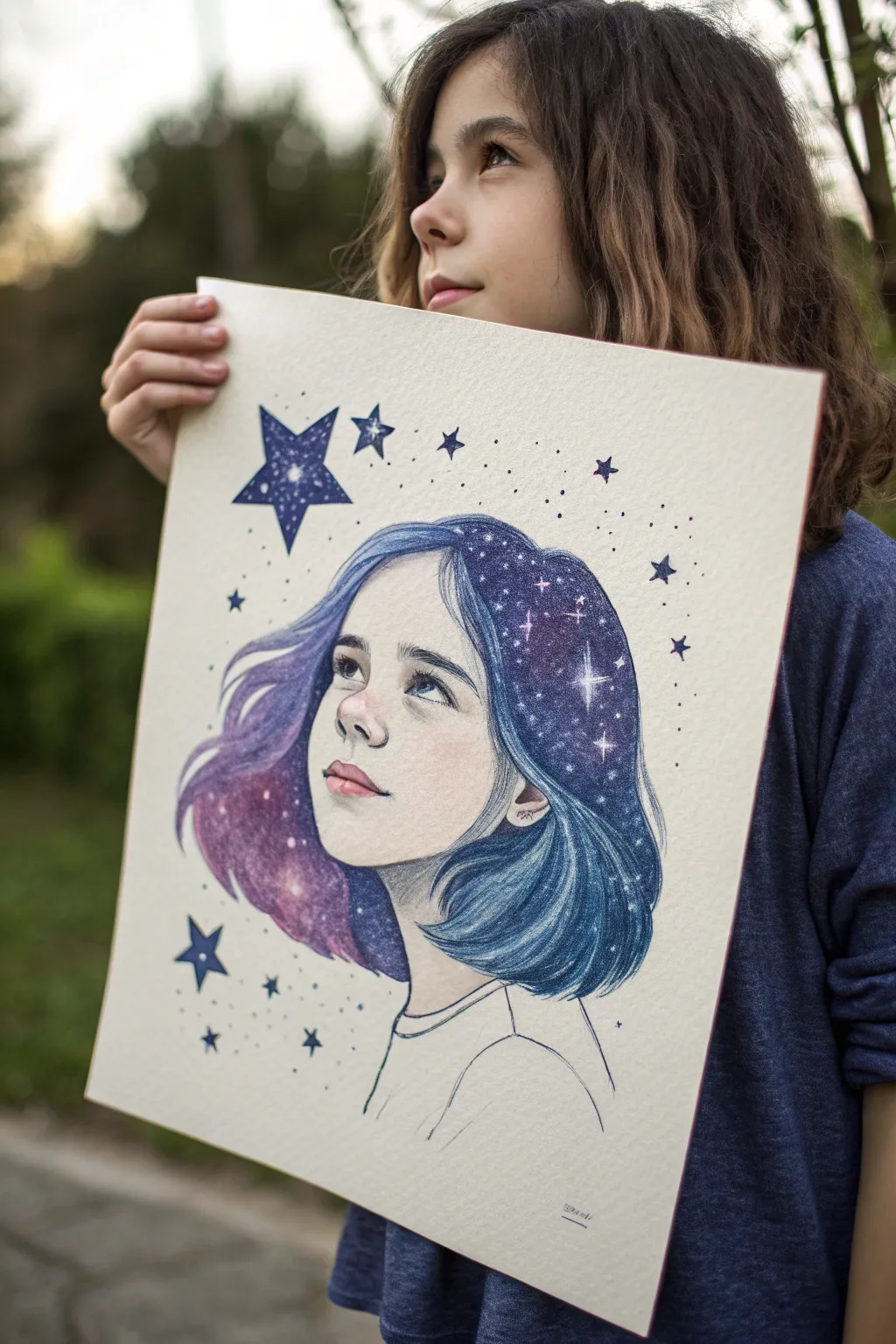Minimal girl portrait with galaxy hair and floating star pins, perfect for dreamy sketch practice