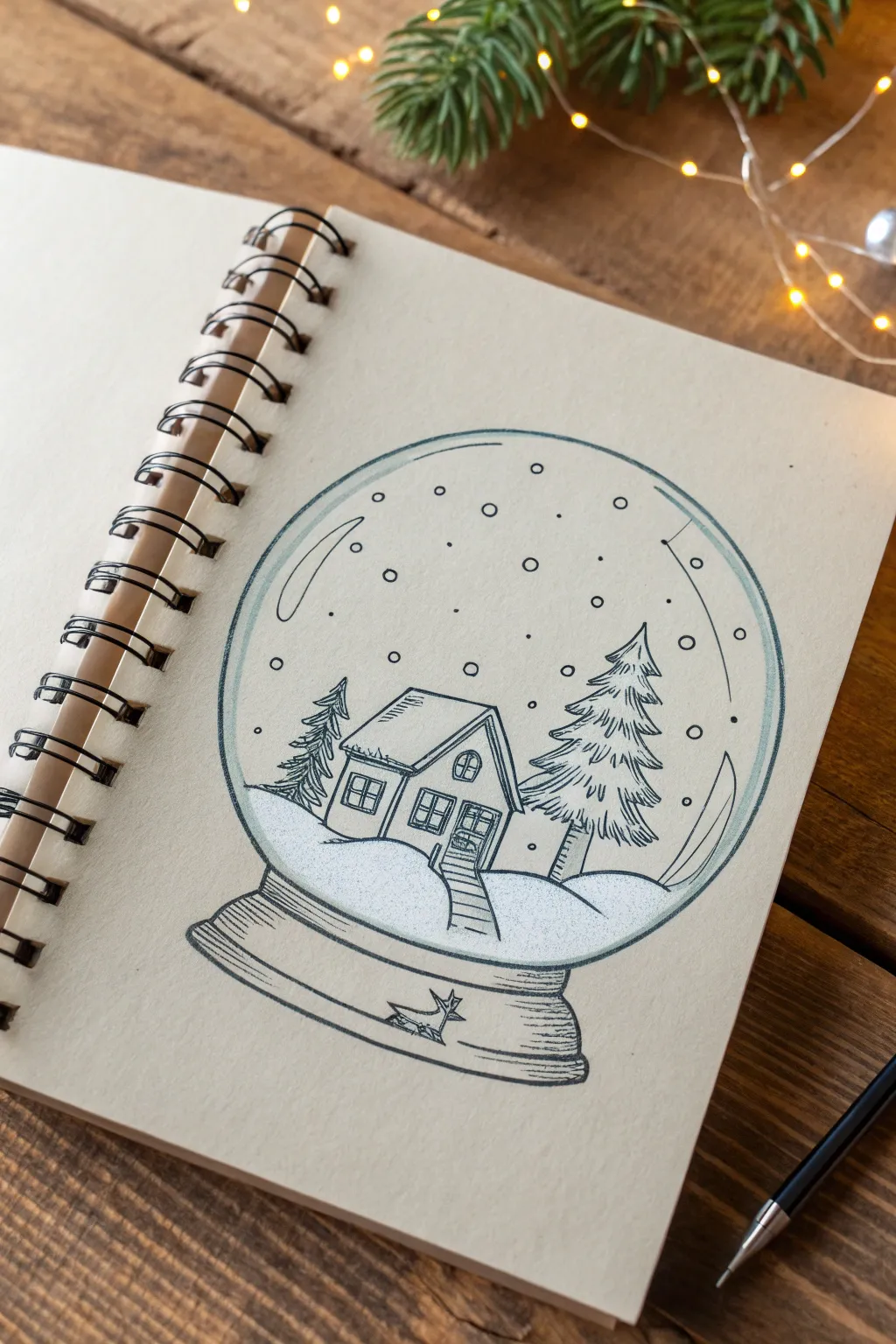Snow globe circle scene: an easy winter story drawing for kids using simple shapes and snow dots