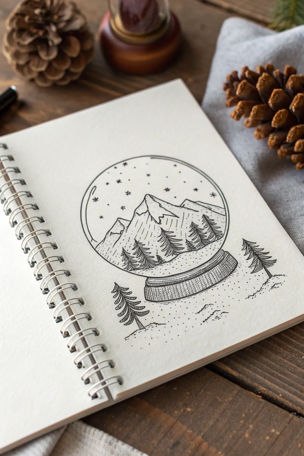 Crisp dotwork snow globe landscape close-up with clean lines and high-contrast texture