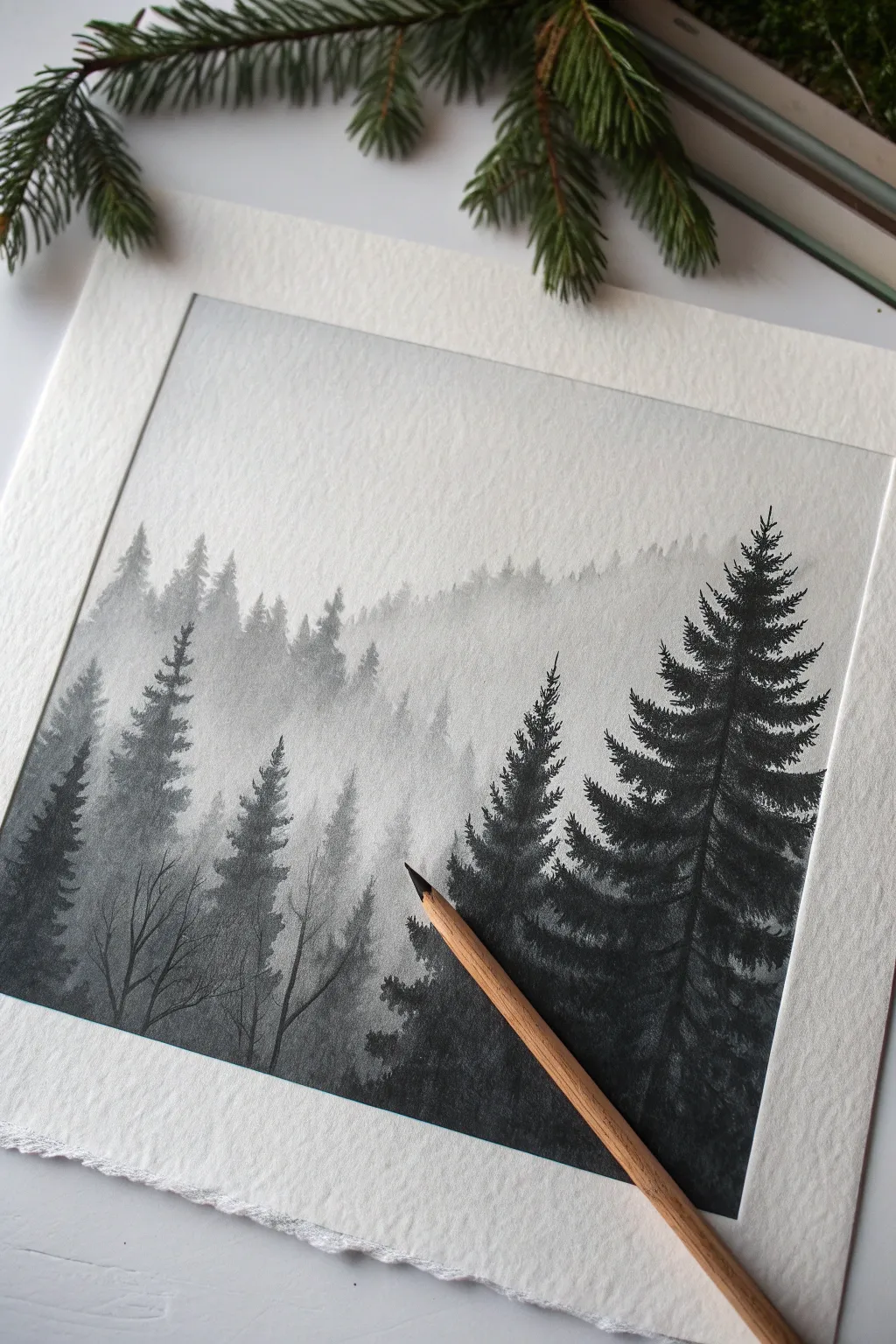Master atmospheric depth with this serene misty pine treeline sketch idea.