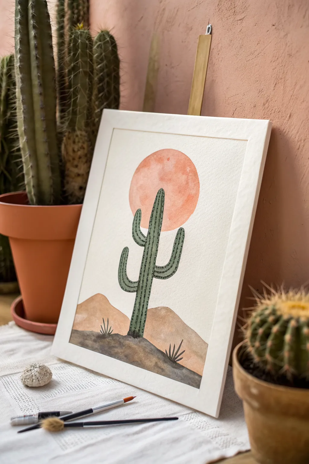 Simple cactus silhouette with warm desert gradient and sun circle for easy paint inspiration