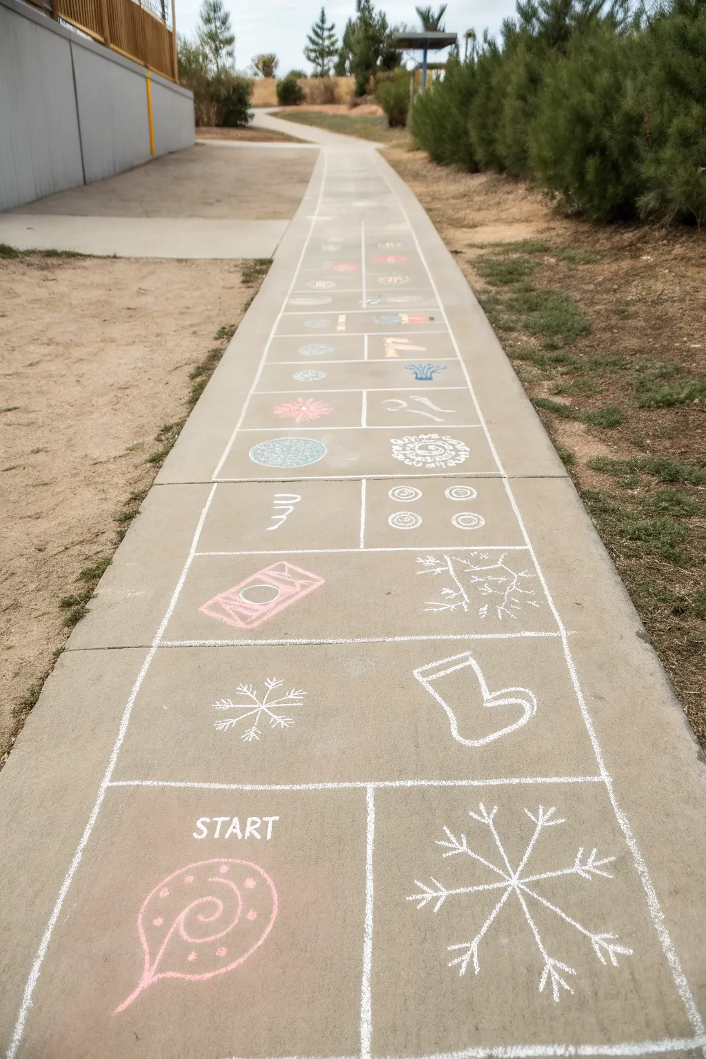 Minimalist chalk obstacle course with cute icon challenges, perfect for playful sidewalk art.