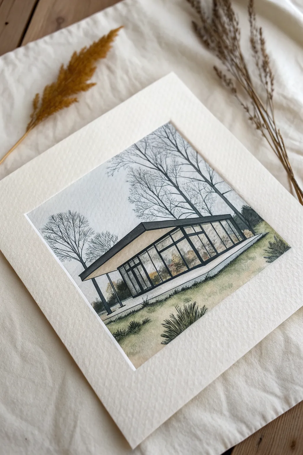 Minimal glass-box dream house sketch with abstract reflections, crisp lines and calm boho tones.
