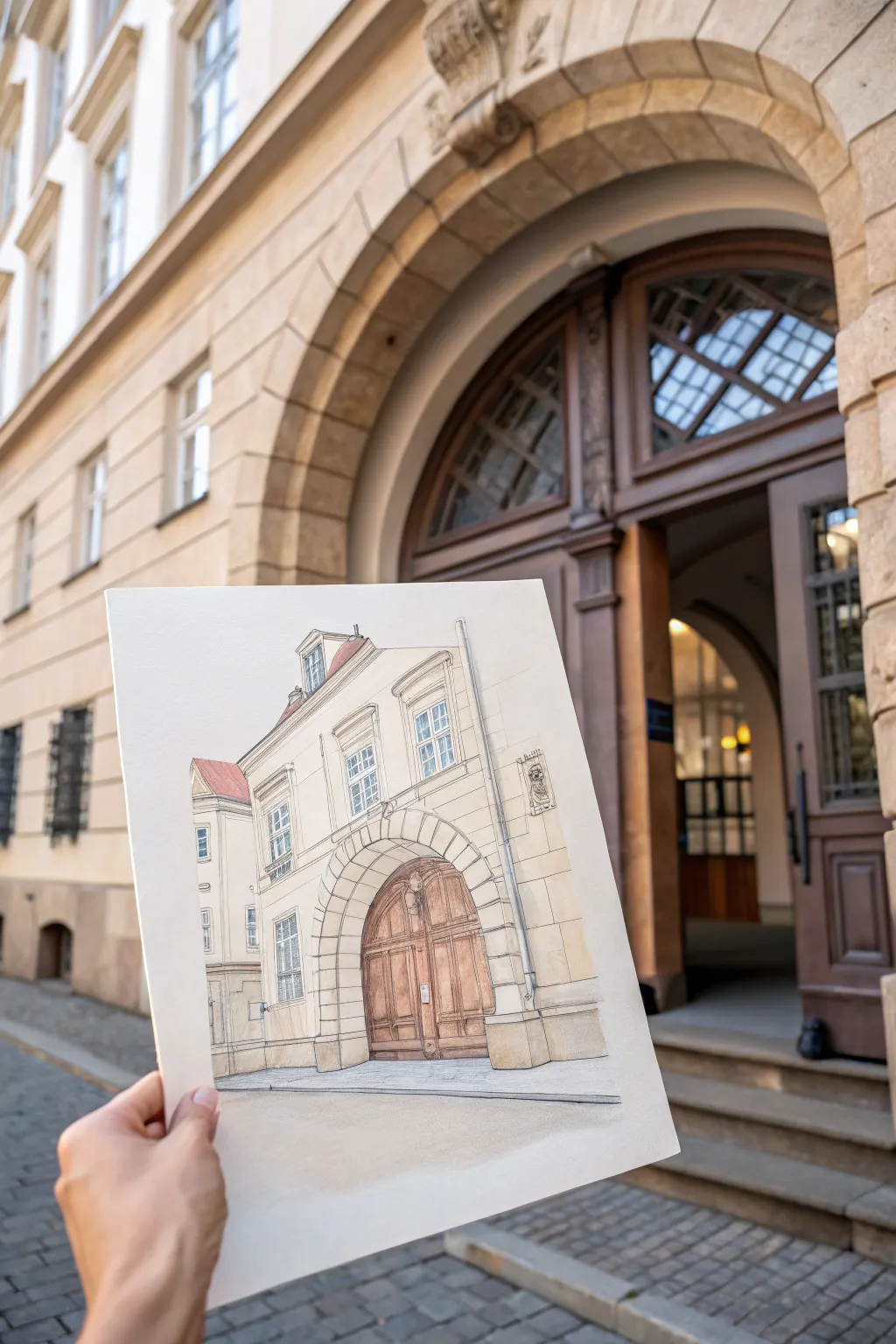 Minimalist Dutch door archway facade with a moody after-hours interior reveal to sketch