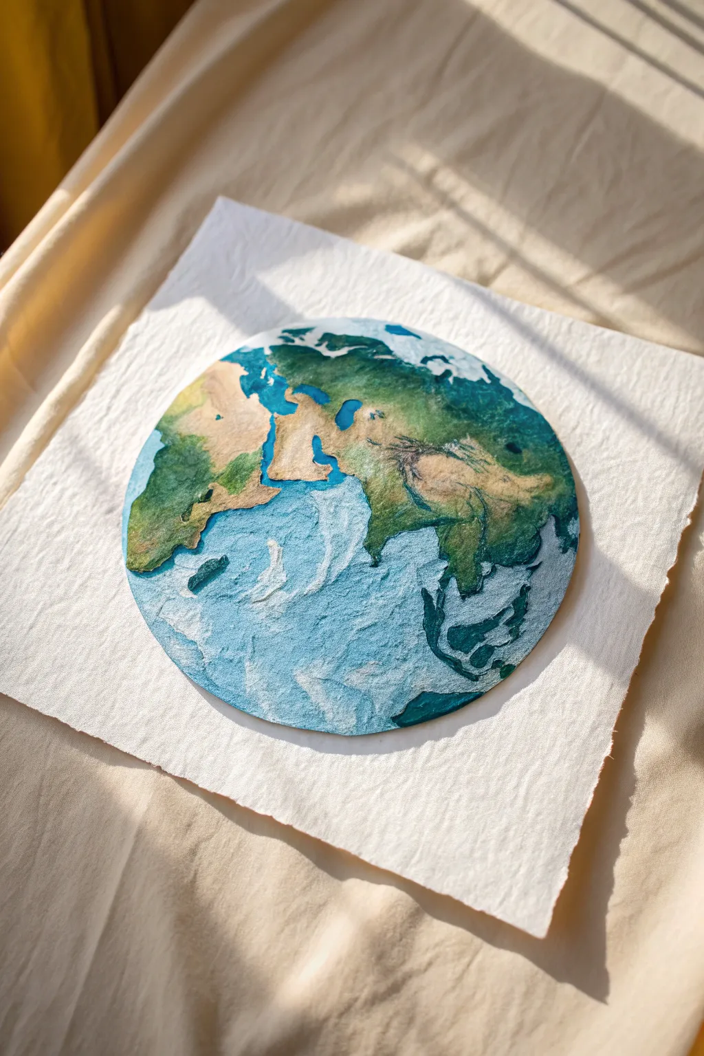 Recycled paper Earth globe with soft watercolor glazes, a minimalist boho eco-friendly art idea.