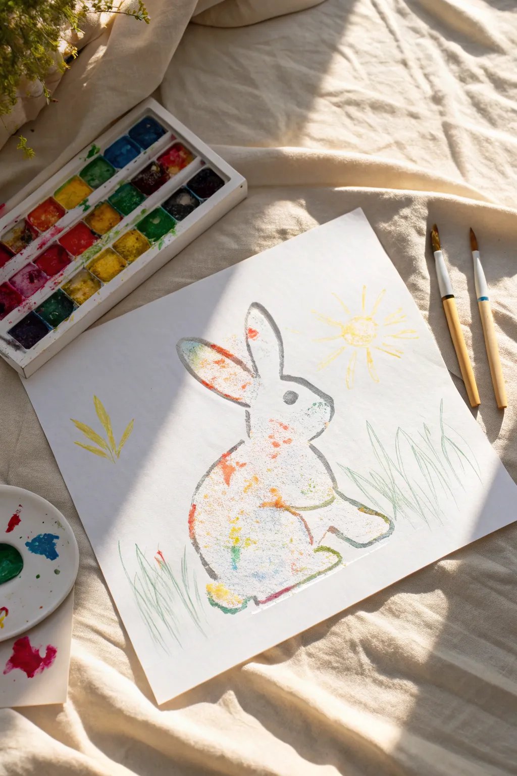 Tape-resist bunny art: crisp white silhouette framed by joyful rainbow toddler scribbles